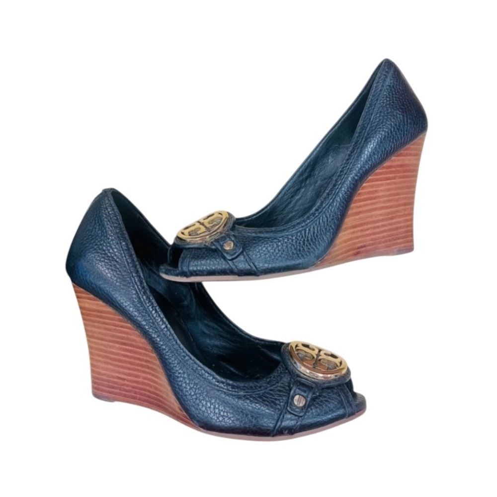 Tory Burch Leticia Black Pebbled Leather Peep-Toe Wedge Wooden Stack Heel Shoes